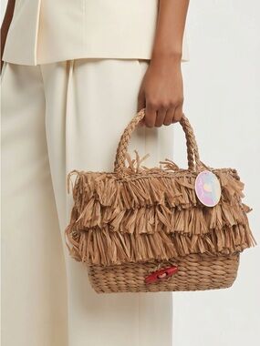 Woven Raffia Fringe Tote Bag in Natural Brown